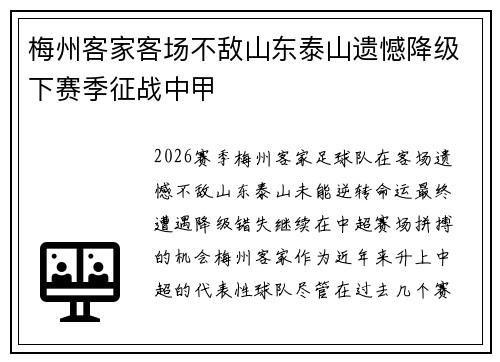 梅州客家客场不敌山东泰山遗憾降级下赛季征战中甲