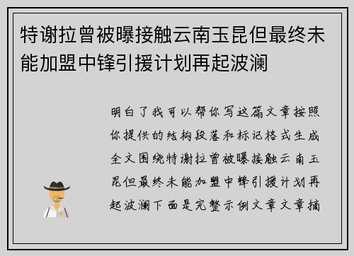 特谢拉曾被曝接触云南玉昆但最终未能加盟中锋引援计划再起波澜